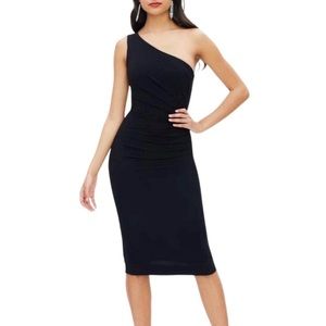 NWT Dress the Population Black Martine Stretch Crepe One Shoulder Dress - Sz S